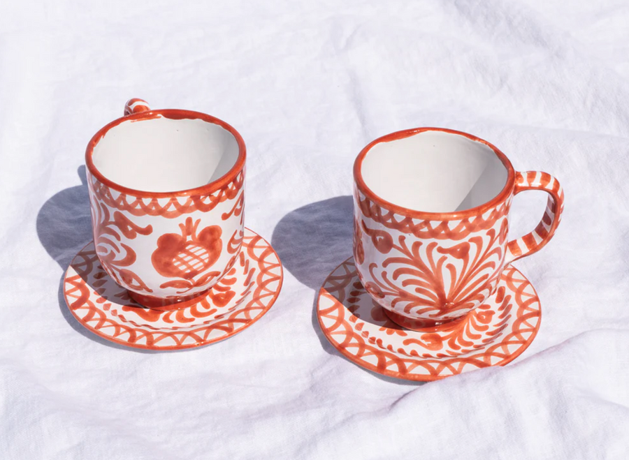 Hand Painted Coral and White Mugs (Set of 2)